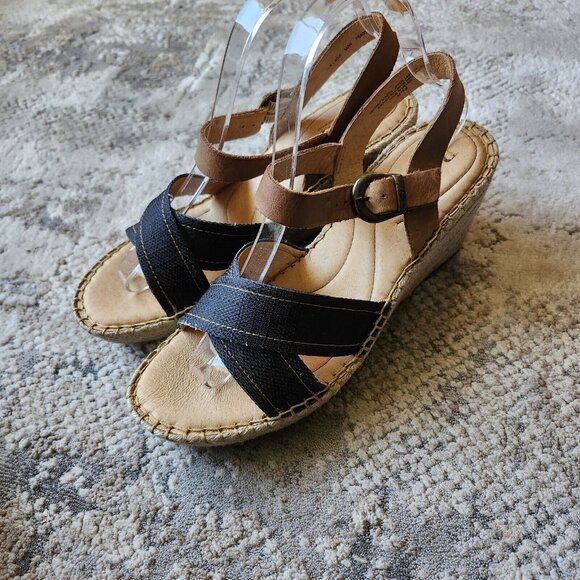 Born Wedge Sandals Women's 9 Blue Fabric Tan Leather Comfort Espadrille Platform - Picture 3 of 9